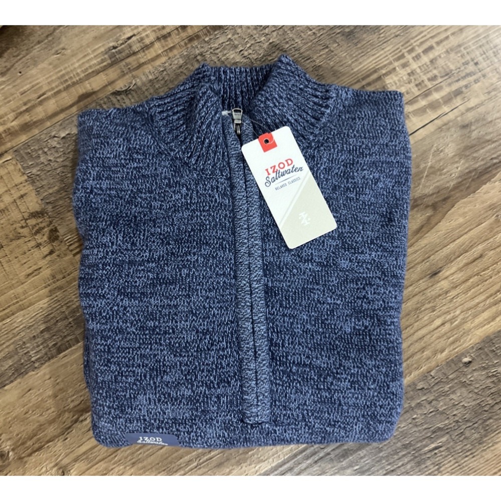 IZOD Quarter Zip Sweater Mens Medium Blue Saltwater Cotton Fieldhouse Pullover